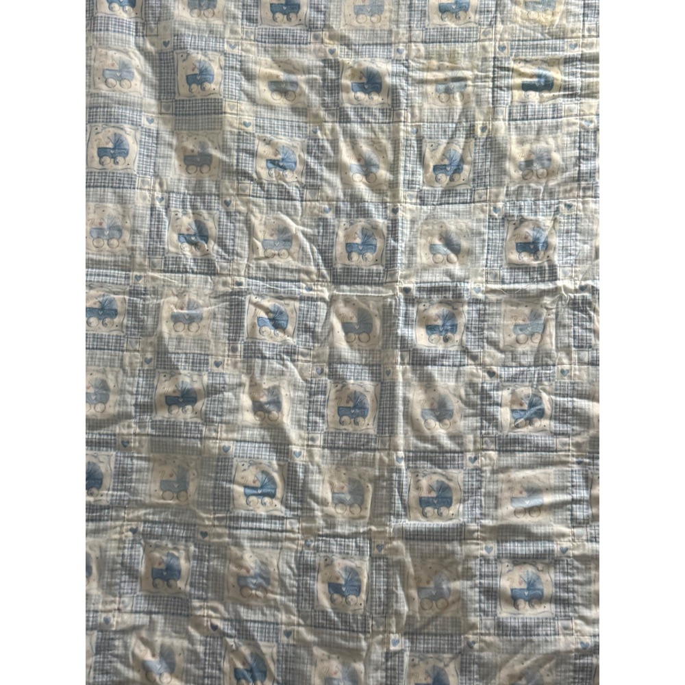 Vintage 2001 Baby Buggy Carriage Pram Blue/Pink 100% Cotton Quilt 44x44